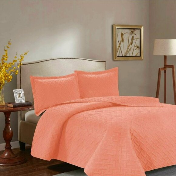 3PC Quilt Bedspread Set Oversized Queen Peach Amber - Picture 1 of 5